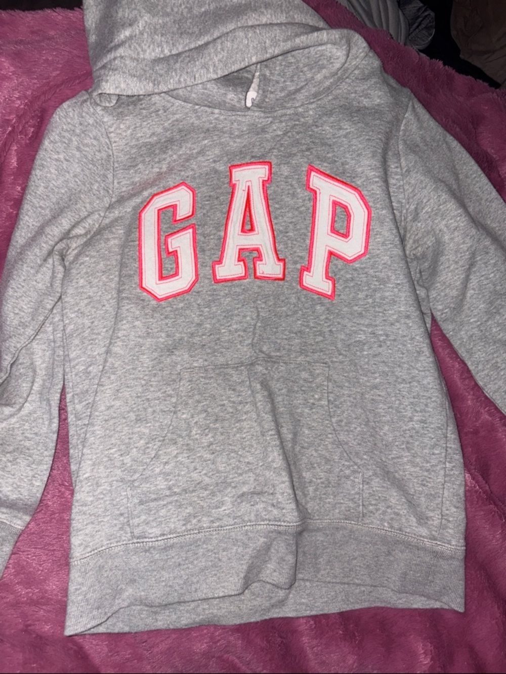 GAP Heather Gray Hoodie with Neon Pink Trim Logo